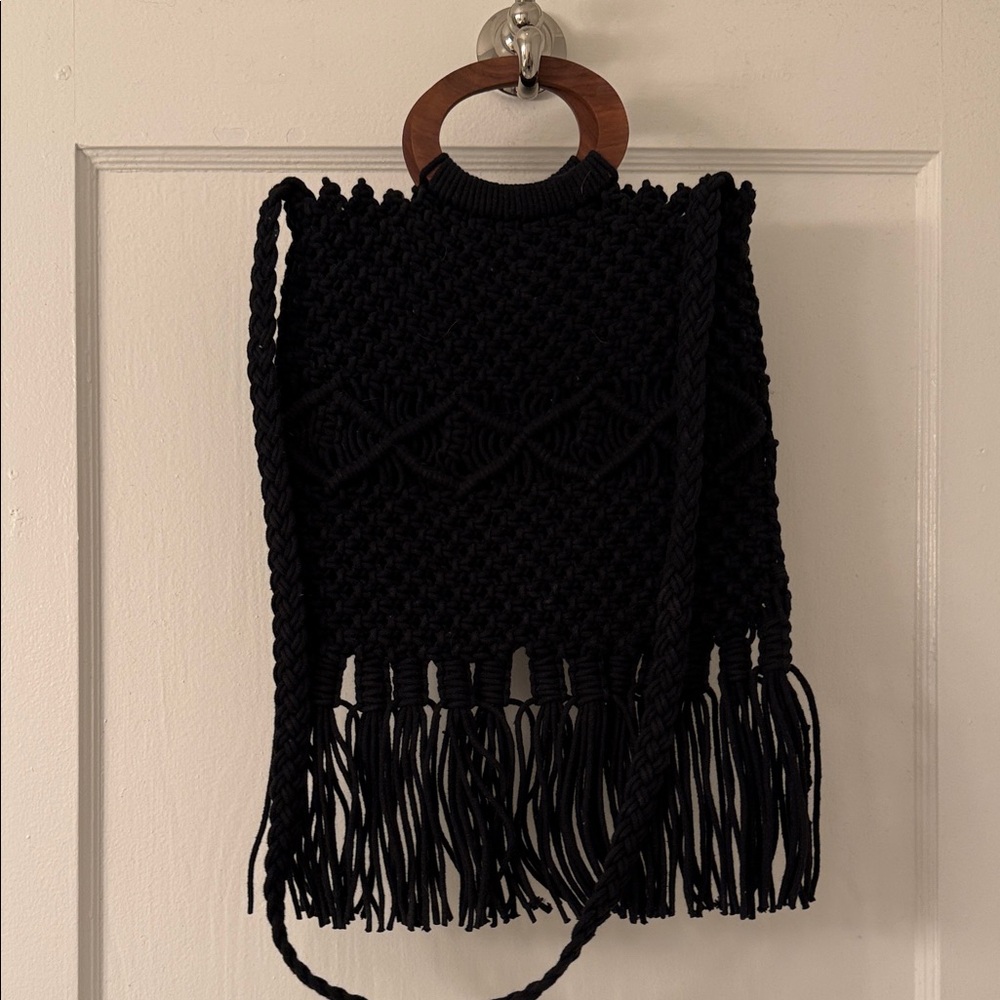 Danielle Nicole Black Fringe Crossbody Bag Wood Knit Beach Resort